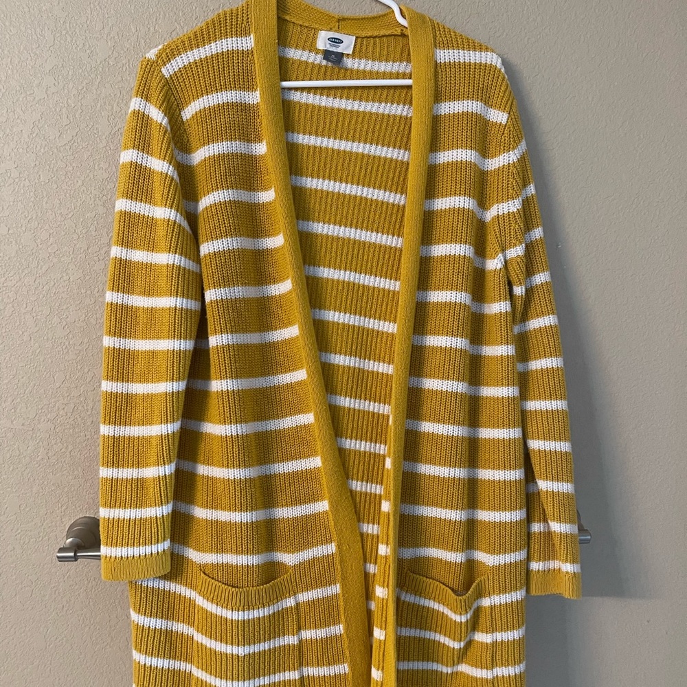 Old Navy Mustard Yellow and White Striped Open-Front Cardigan